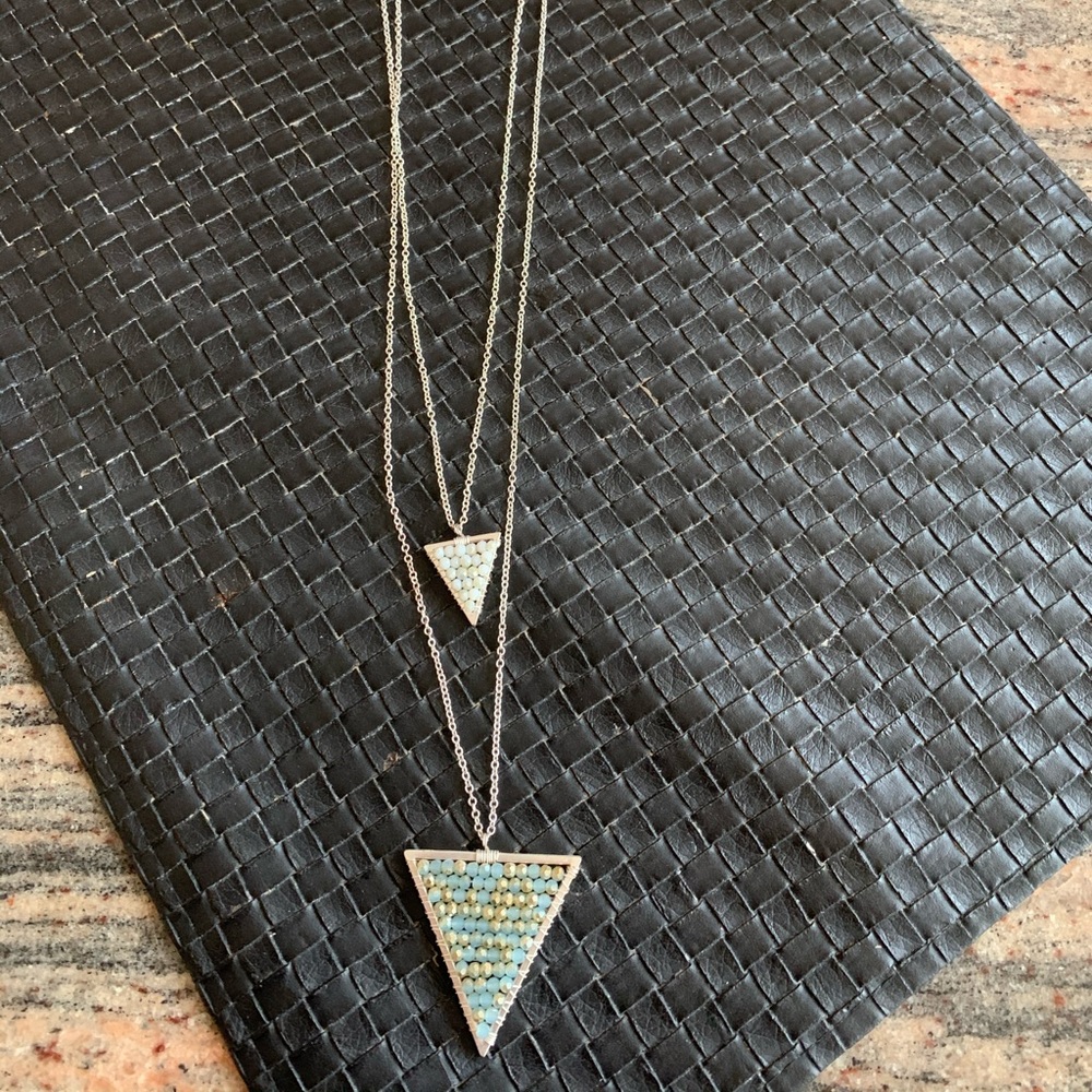 Silver Long Layered Necklace With Beaded Triangles